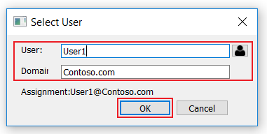 Screenshot of the Select User screen with the User and Domain fields and O K option being highlighted.