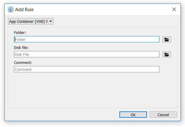 Screenshot of the Add Rule pane showing the App Container V H D option.