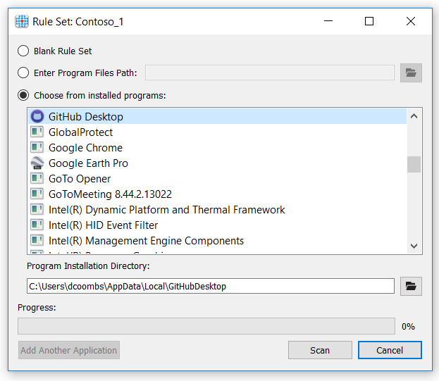 Screenshot of the Rule Set pane showing the Choose from installed programs option being selected.