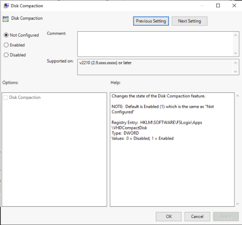 A screenshot of the Disk Compaction Group Policy setting.