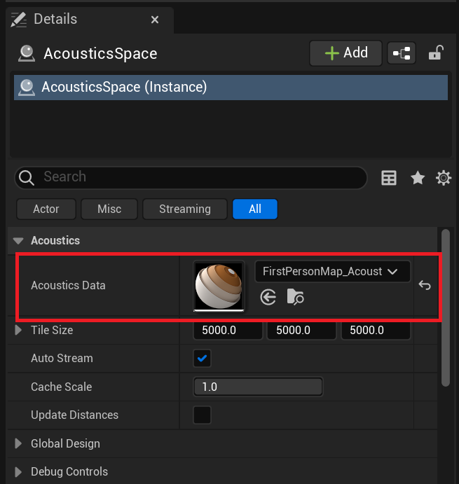 Acoustics asset assignment in the Unreal editor