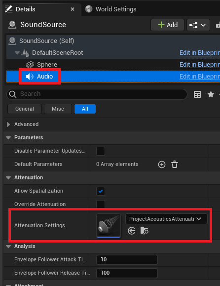 Attenuation settings on audio object