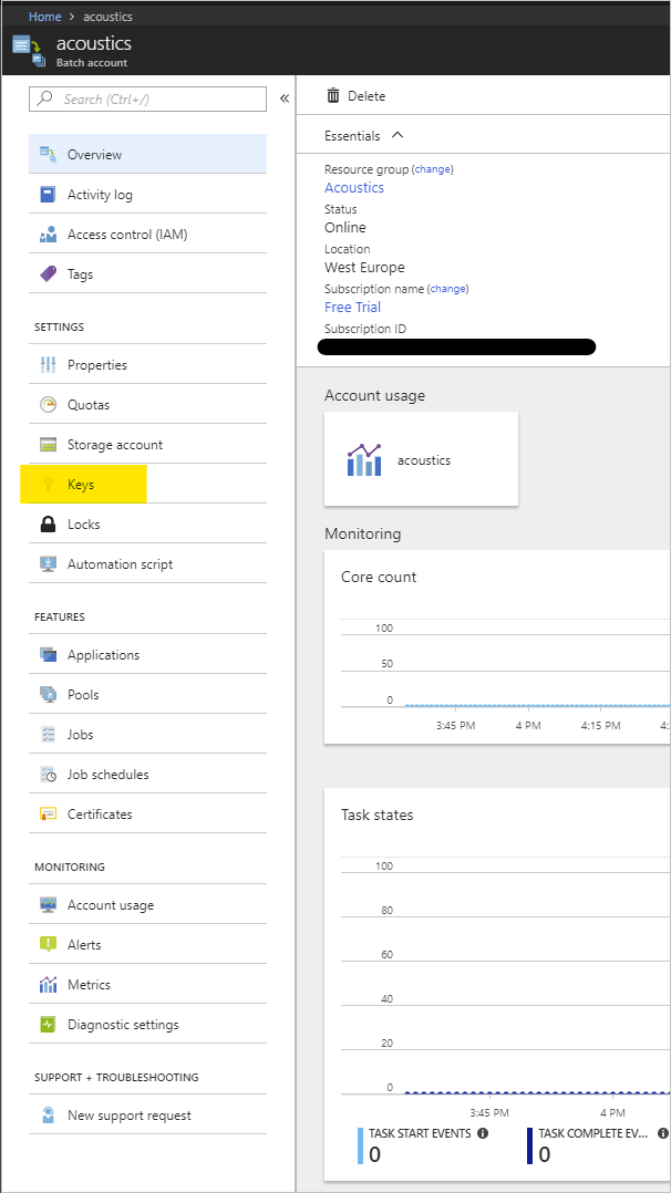 Screenshot of Azure Batch account with link to Keys page highlighted