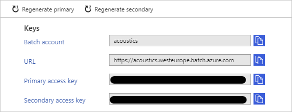 Screenshot of Azure Batch account keys page with access keys