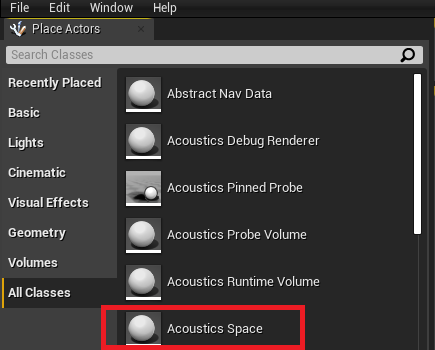 Creation of an Acoustics space actor in the Unreal editor