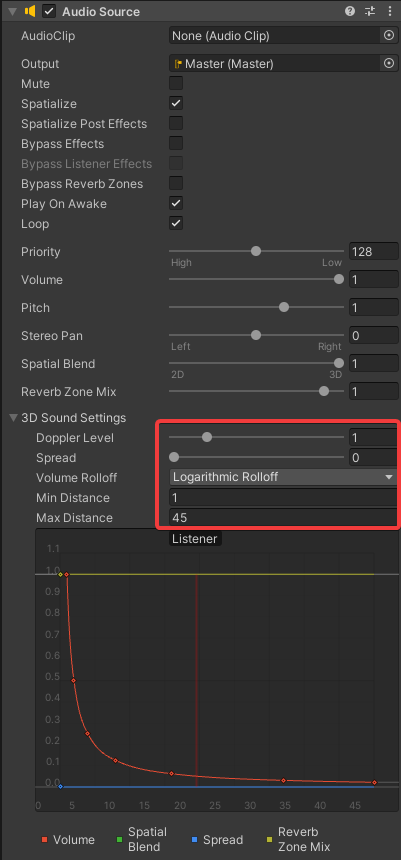 The Unity distance attenuation options panel