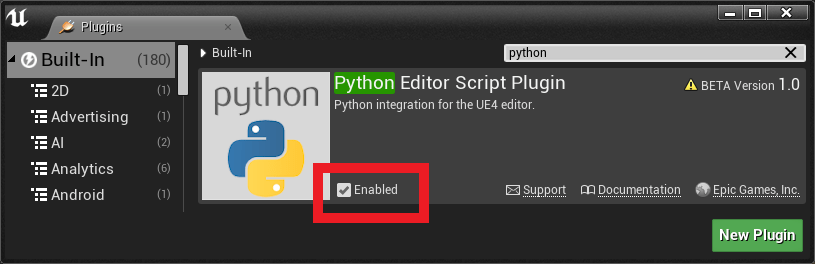 The Python extensions in the Unreal editor enabled