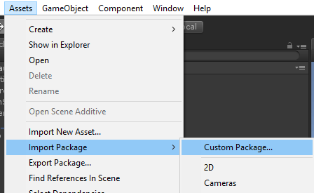 The Unity Import Package options