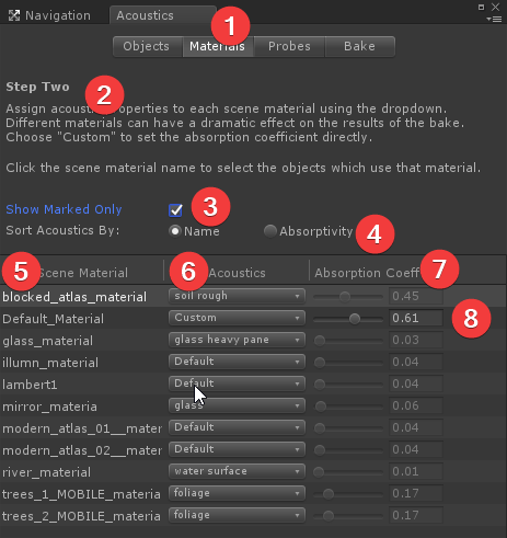 The Acoustics Materials tab in Unity