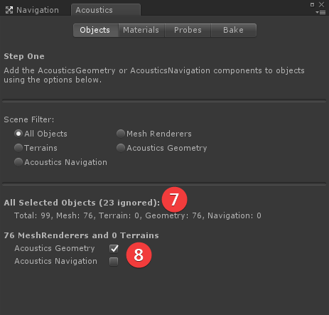 The Acoustics Objects tab with selections