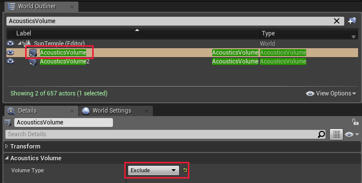 Screenshot of Acoustics Volume properties in Unreal