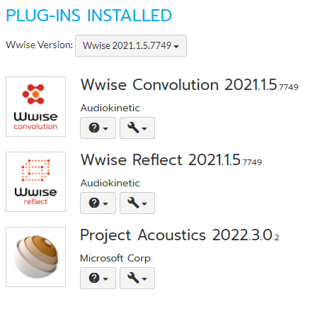 The Wwise installed plug-ins list after Project Acoustics installation