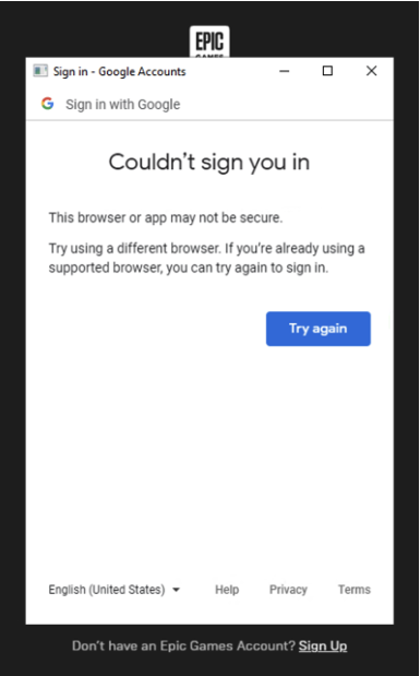Screenshot showing EPIC Games sign in error with Google