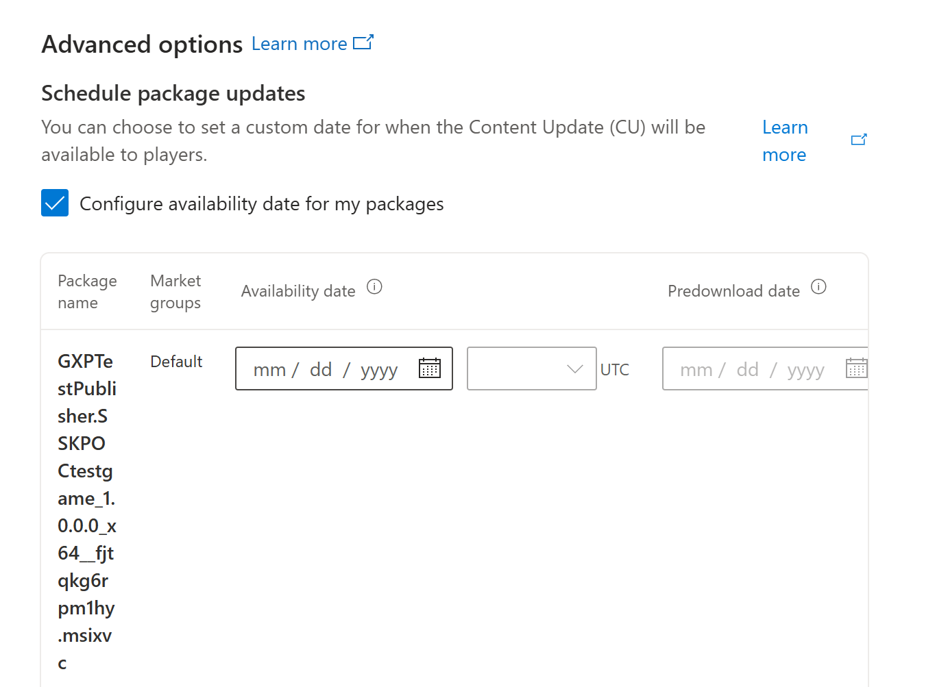 Schedule package updates The Advanced options section displaying the configuration settings for scheduling package updates