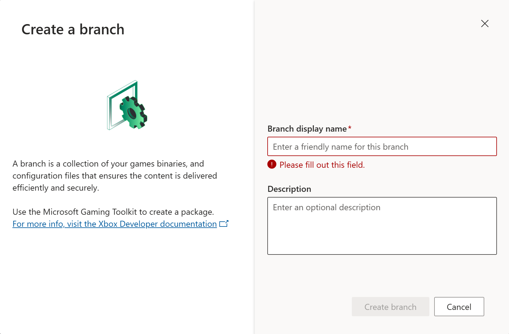 Create a branch The Create a branch UI showing the Branch display name and Description fields