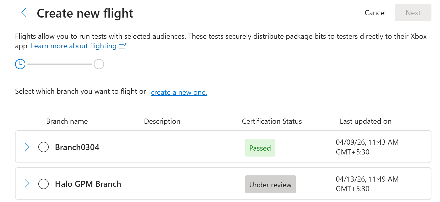 Branch selection for a new flight Branch selection during the creation of a new flight