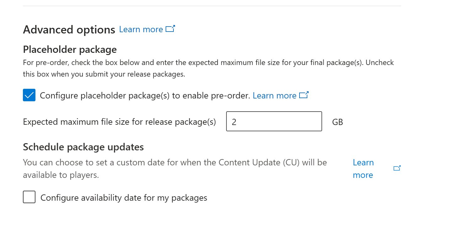 Placeholder package settings The advanced options section displaying the configuration settings for placeholder packages