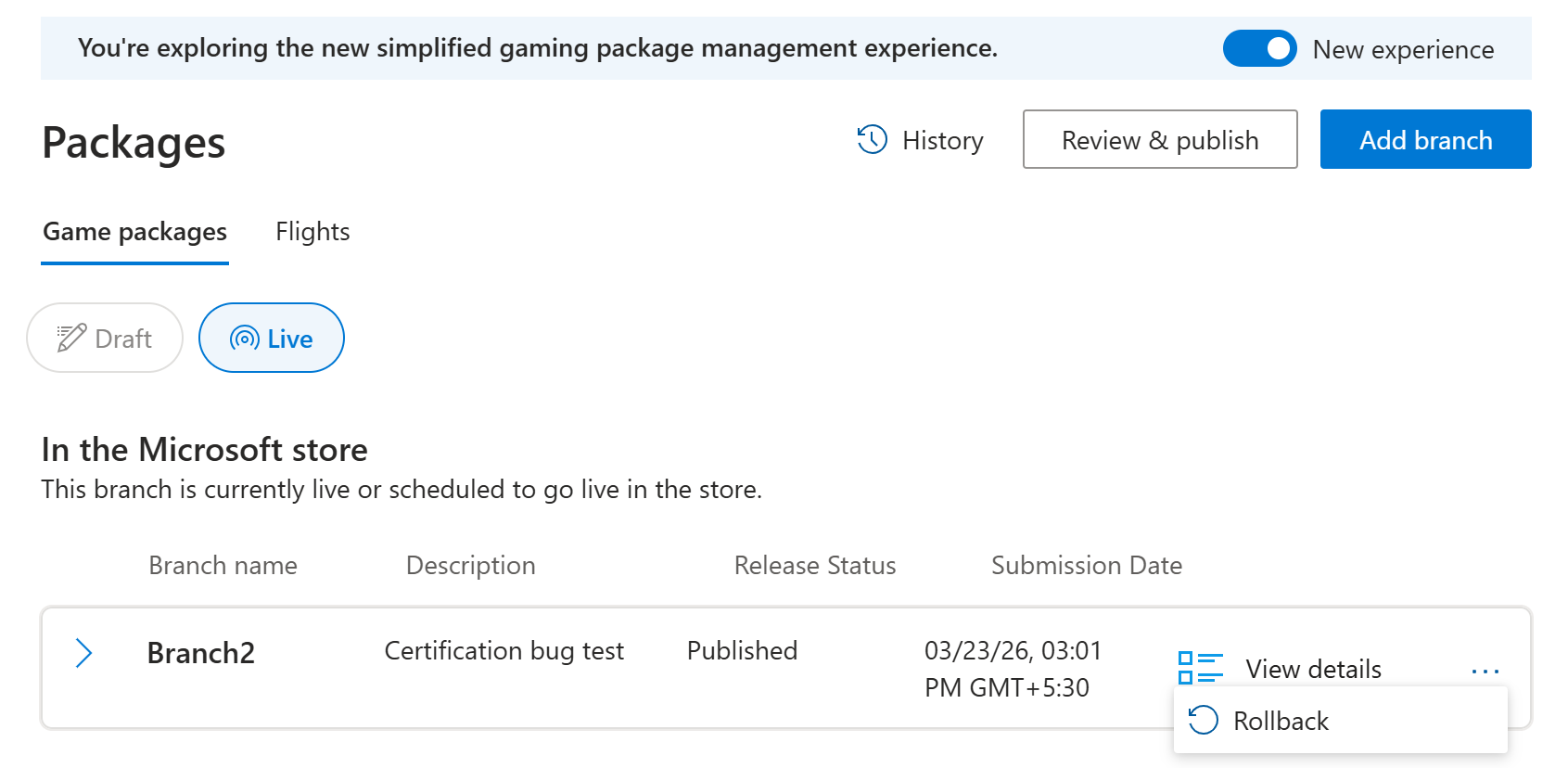 Rollback The rollback option displayed in the live view