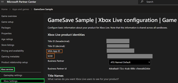 Partner Center Xbox services view.