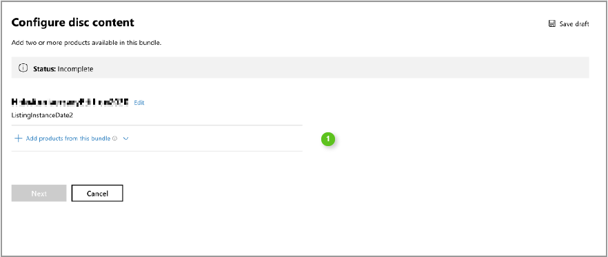 Screenshot of the Configure disc content page for a bundle product in Partner Center.