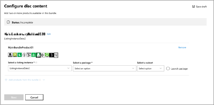 Screenshot of the Configure disc content page in Partner Center.