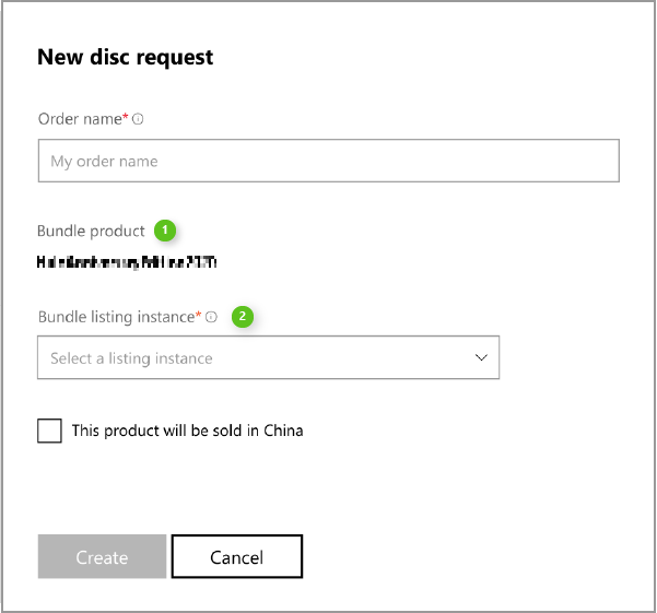 Screenshot of the New disc request page for bundle product orders in Partner Center.