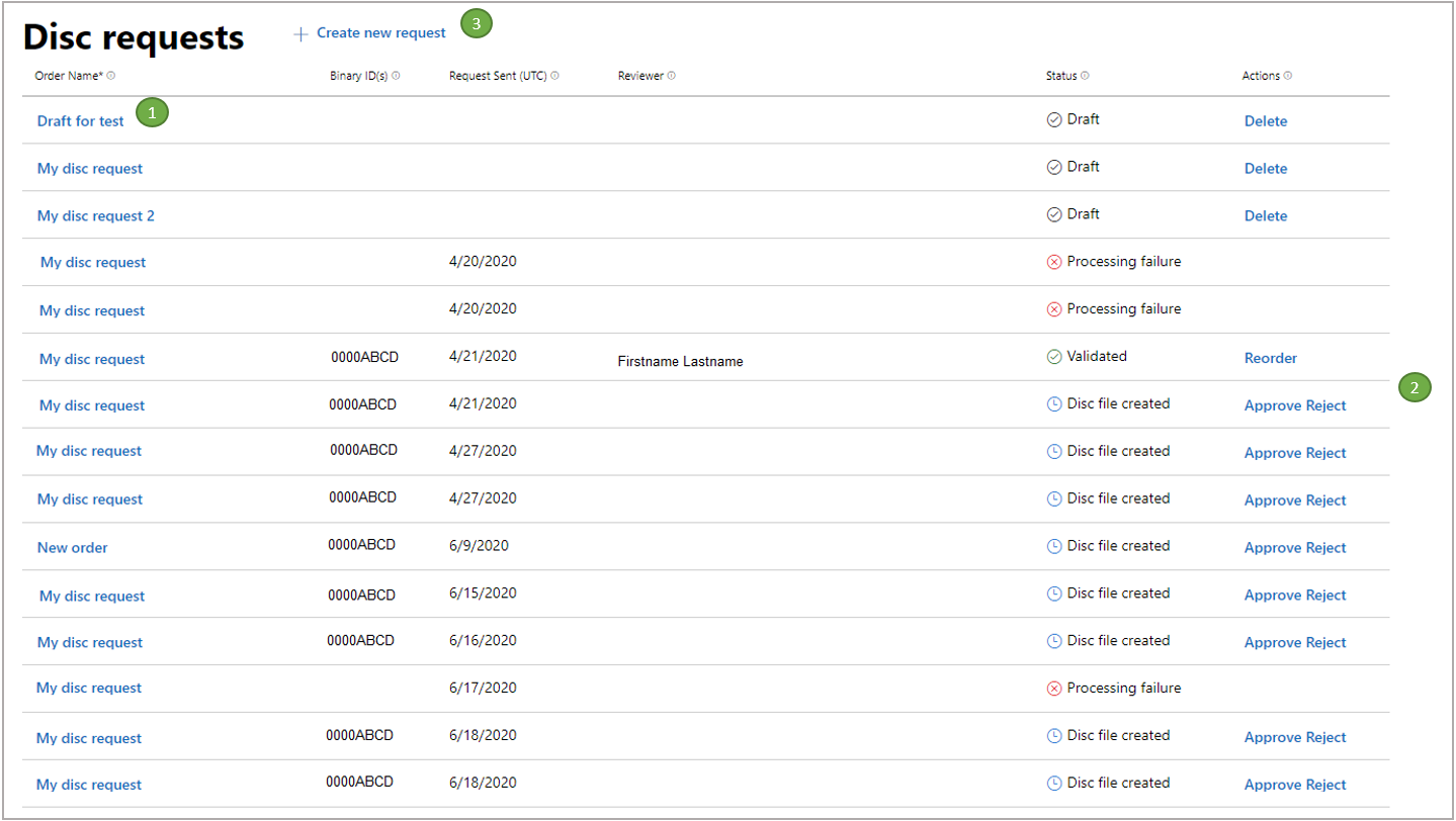 Screenshot of the Disc requests page in Partner Center.