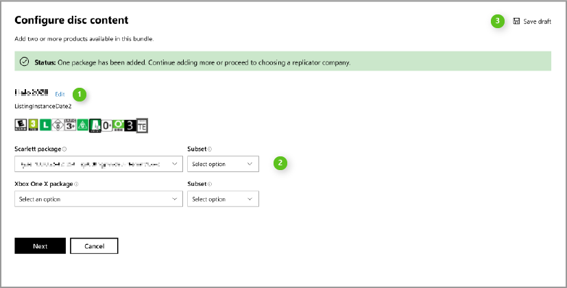 Screenshot of the Configure disc content page to edit product information in Partner Center.