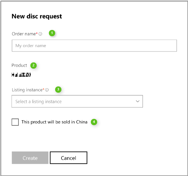 Screenshot of the New disc request dialog in Partner Center.