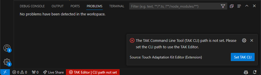Screenshot of the status bar item indicating that the TAK CLI path is not set