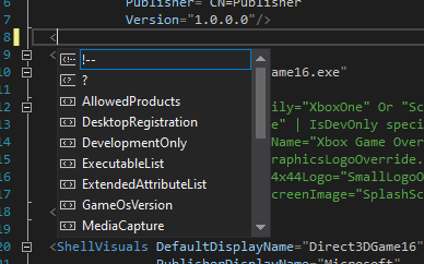 Example of IntelliSense with MicrosoftGame.config: Valid element names are automatically listed when an element is being authored