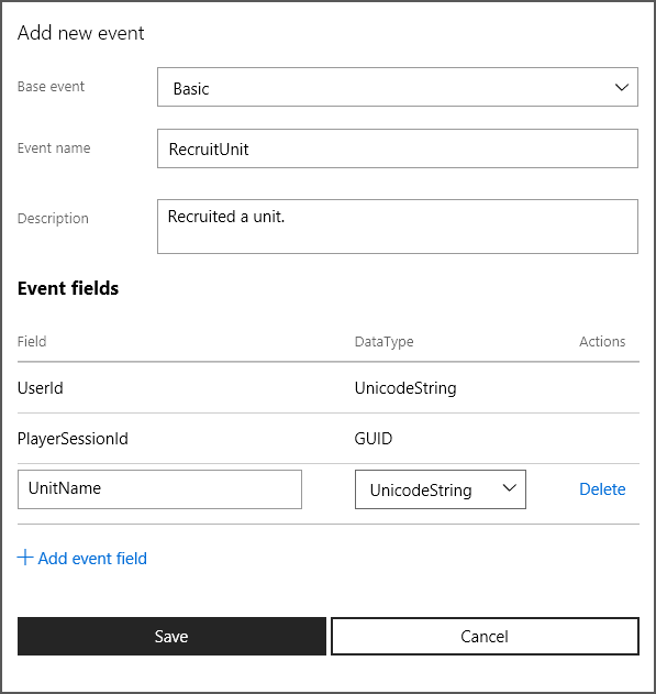 Screenshot of the Add new event dialog with a new Basic base event in Partner Center.