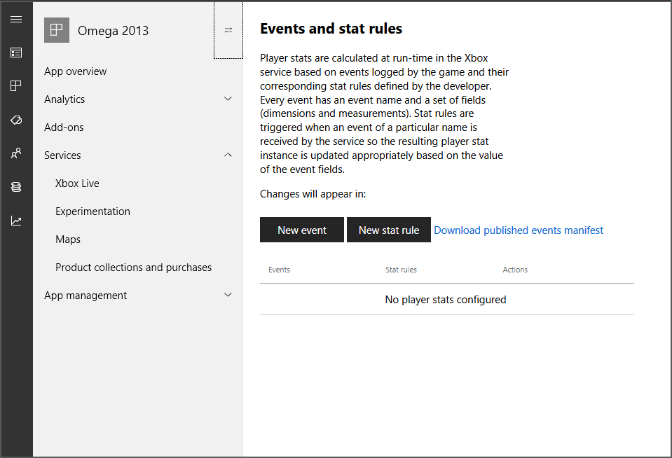 Screenshot of the Events and stat rules page in Partner Center.