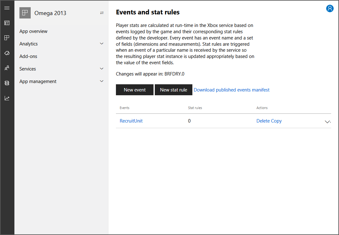 Screenshot of the Events and stat rules page with the RecruitUnit event added in Partner Center.