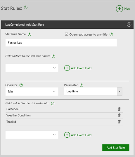 Screenshot of the FastestLap stat rule with metadata in Partner Center.