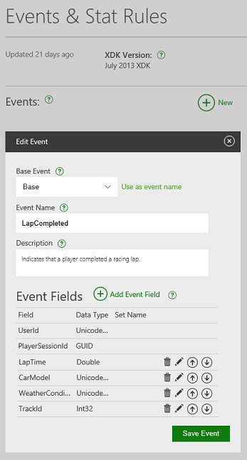 Screenshot of the newly defined LapCompleted event in Partner Center.