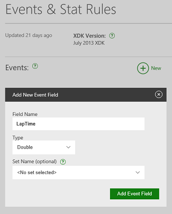 Screenshot of the Add New Event Field dialog in Partner Center.