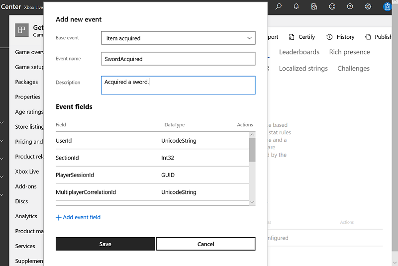 Screenshot of the Add new event dialog with information added to its fields in Partner Center.