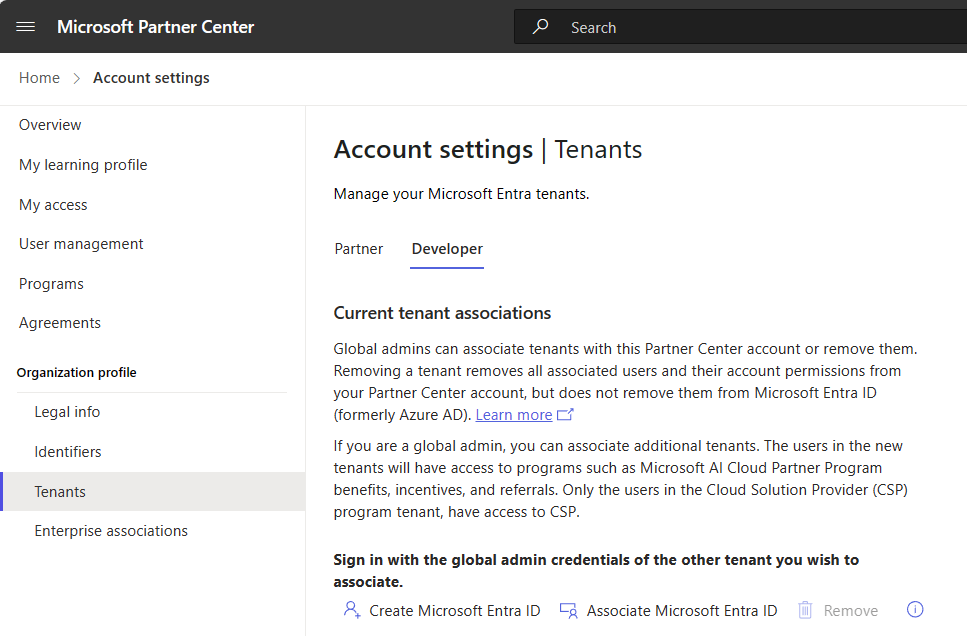 Image of connecting an Azure Active Directory tenant to your Partner Center account