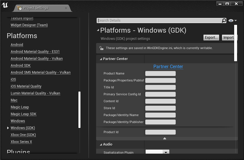 Screenshot of the platform Project Settings in Unreal