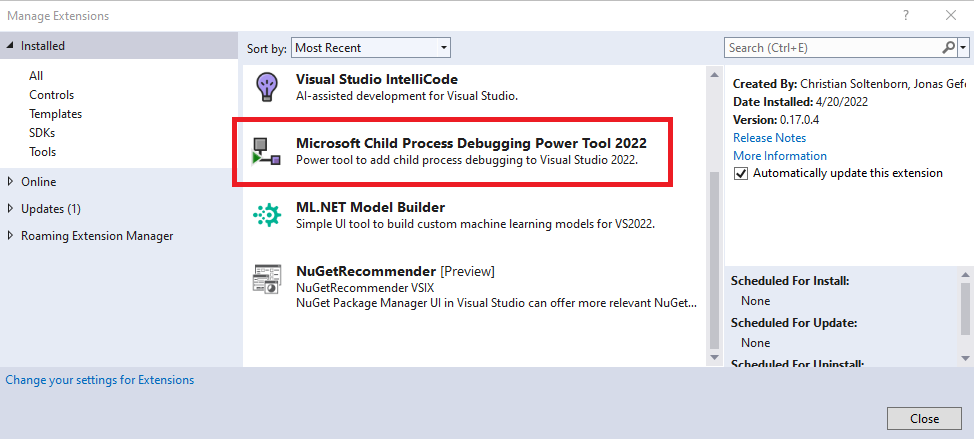 Installing the Child Process Debugging Visual Studio extension
