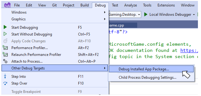 The Debug Installed App Package menu item in Visual Studio