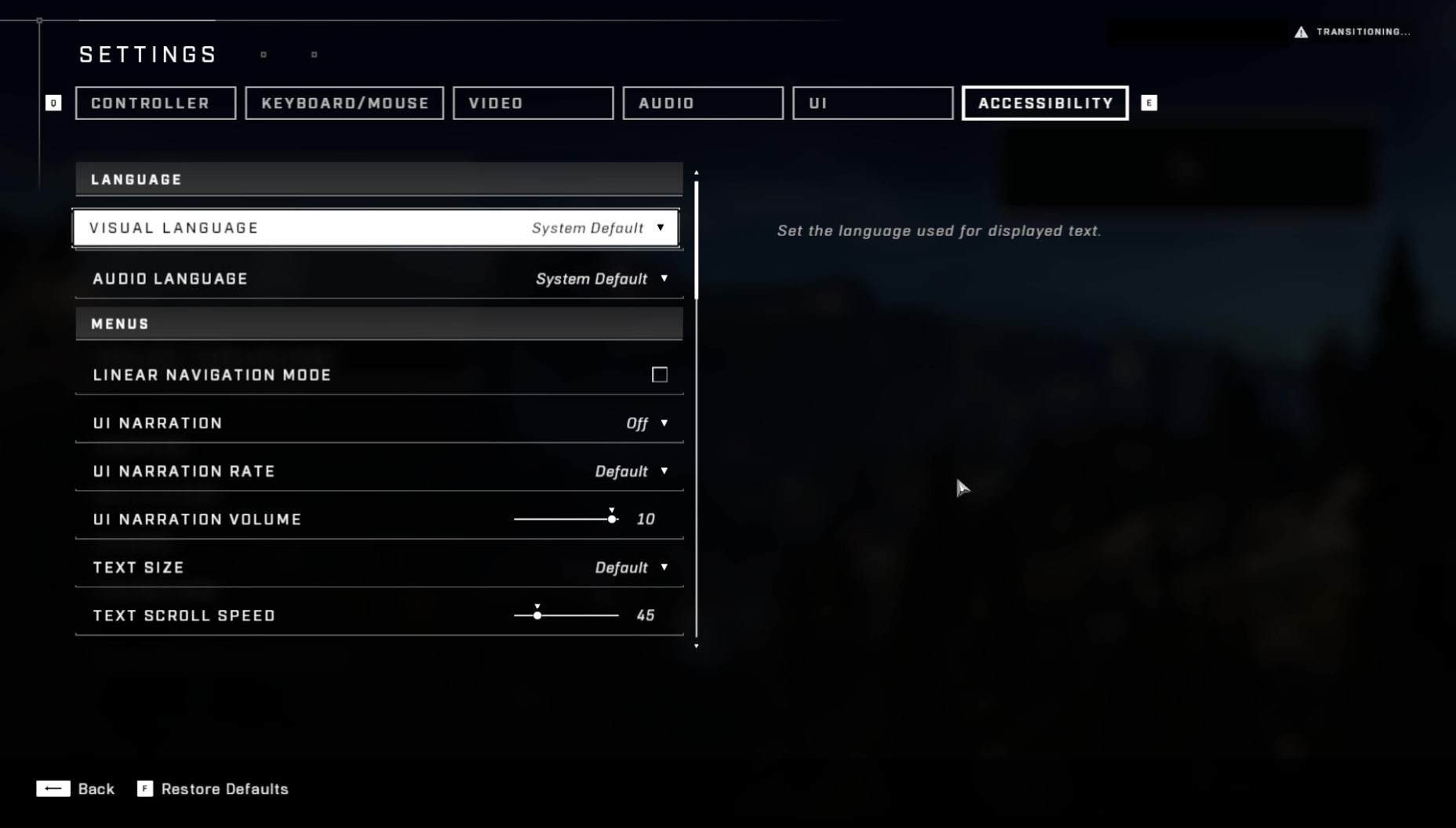 Screenshot of startup screen of Halo Infinite game SETTINGS with VISUAL LANGUAGE set to System Default. 