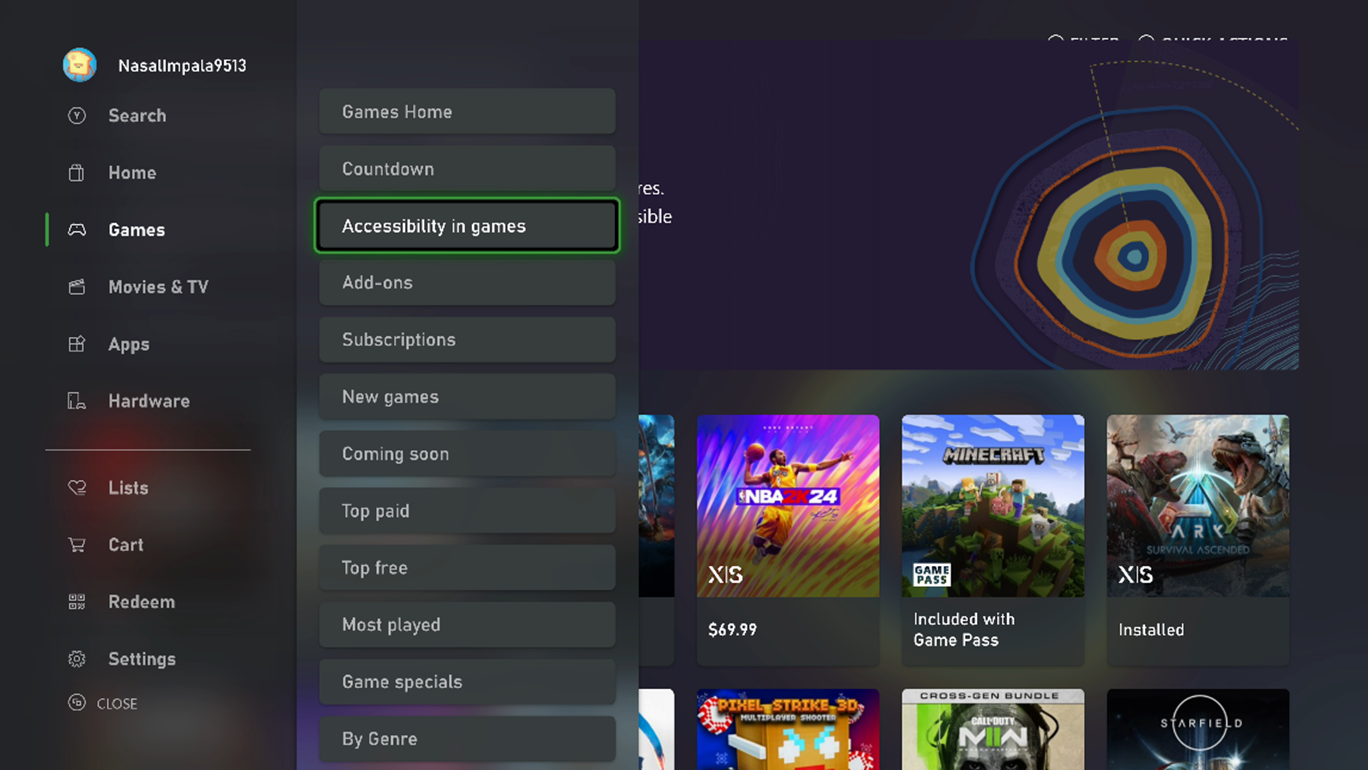 A screenshot of the Xbox Store, which shows the tab to the Accessibility in games channel.