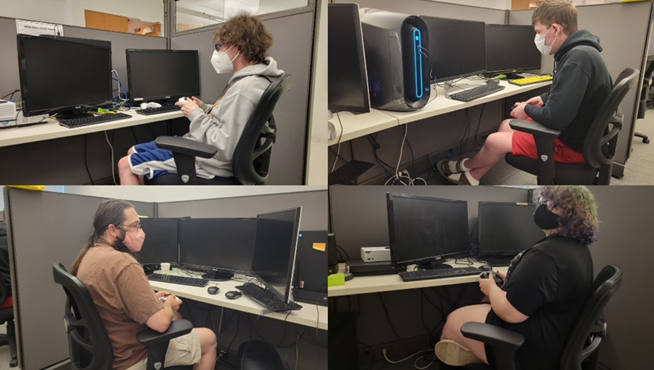 A collage of four people with disabilities sitting at desks used for testing.