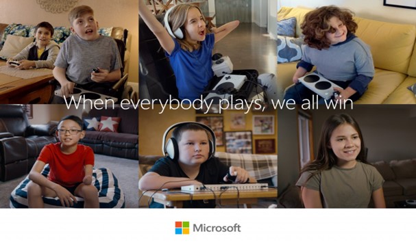 A collage of children with disabilities playing games on accessibility hardware - "When everybody plays, we all win".