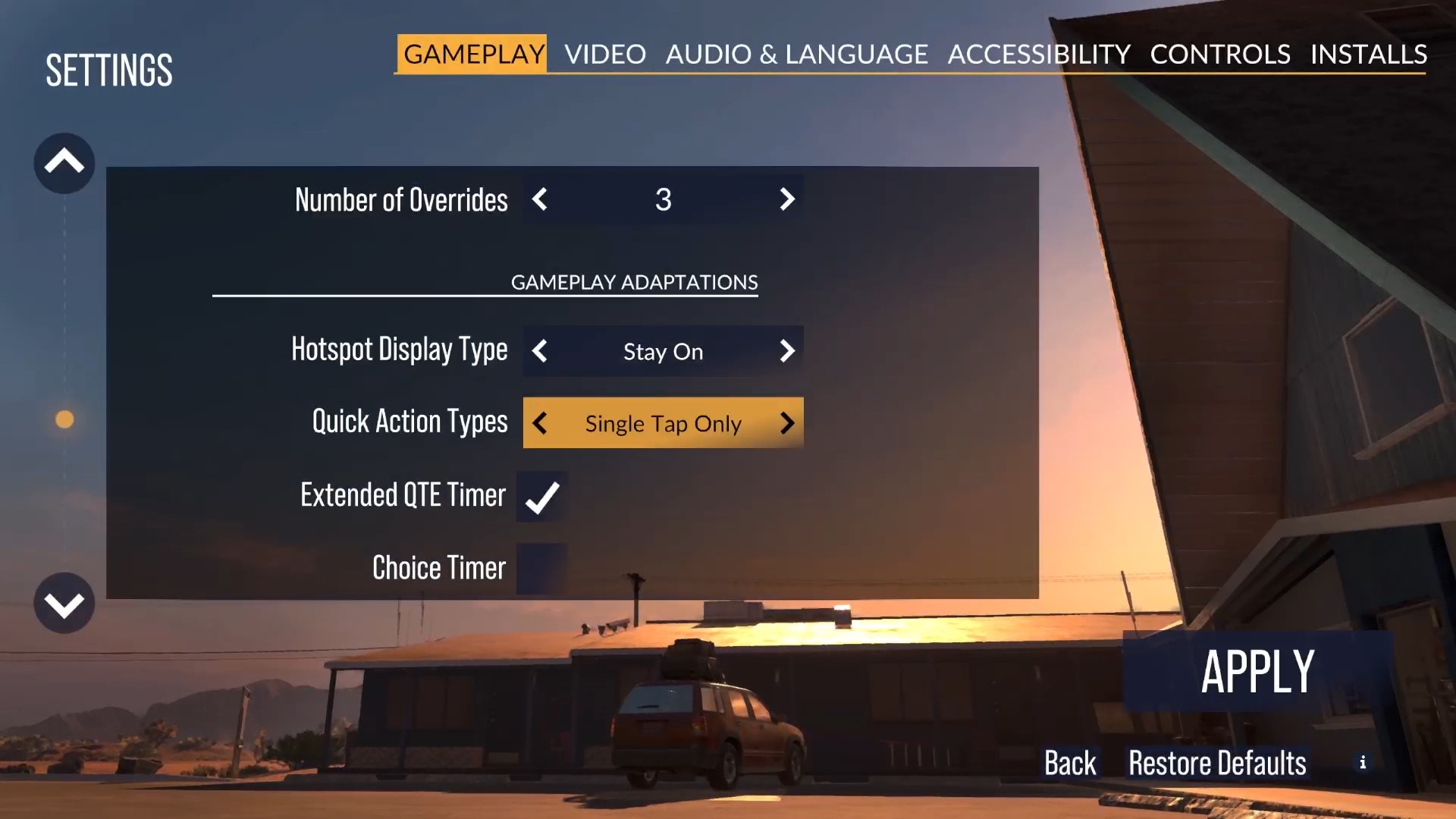Screenshot of As Dusk Falls game SETTINGS showing Quick Action Types set to Single Tap Only. 