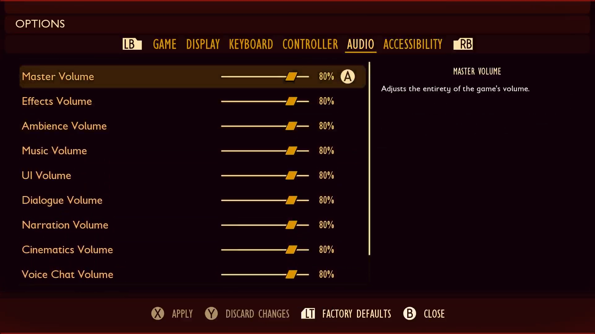 Screenshot of Grounded game OPTIONS menu with Master Volume selected. 