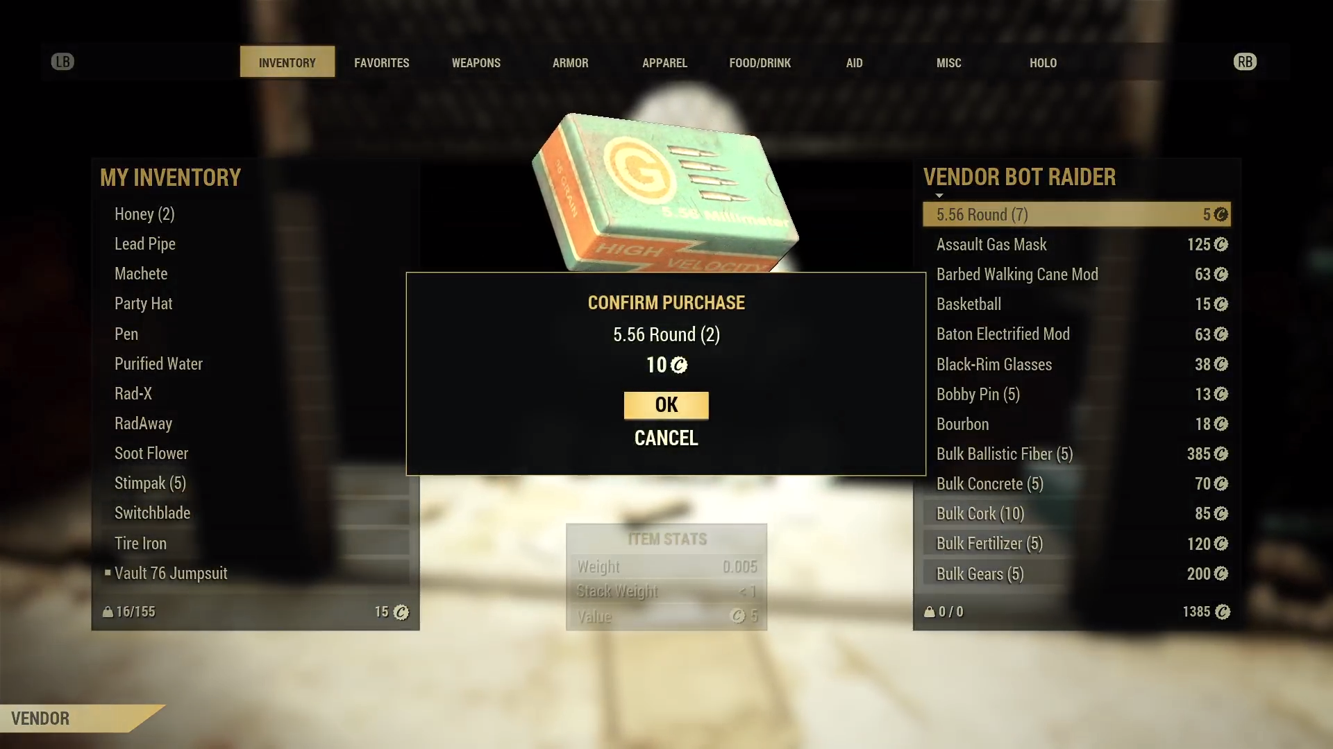 Fallout 76 screenshot of a merchant transaction with a follow up prompt letting the player say "OK" to a purchase or "Cancel" it..