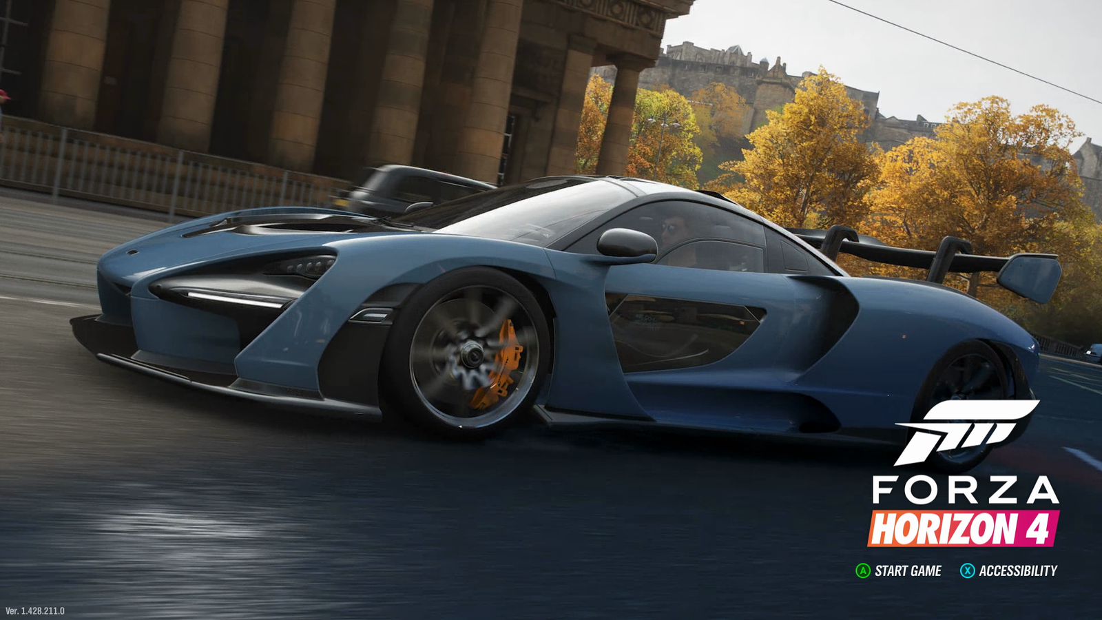 Screenshot of the Forza Horizon 4 landing screen. There are two navigation prompts: "Press A to start game," and "Press X for Accessibility."